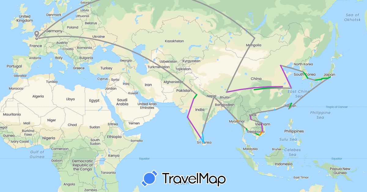 TravelMap itinerary: bus, plane, cycling, train, boat, hitchhiking in China, France, Hong Kong, India, Japan, Cambodia, South Korea, Sri Lanka, Myanmar (Burma), Mongolia, Macau, Nepal, Thailand, Taiwan, Vietnam (Asia, Europe)